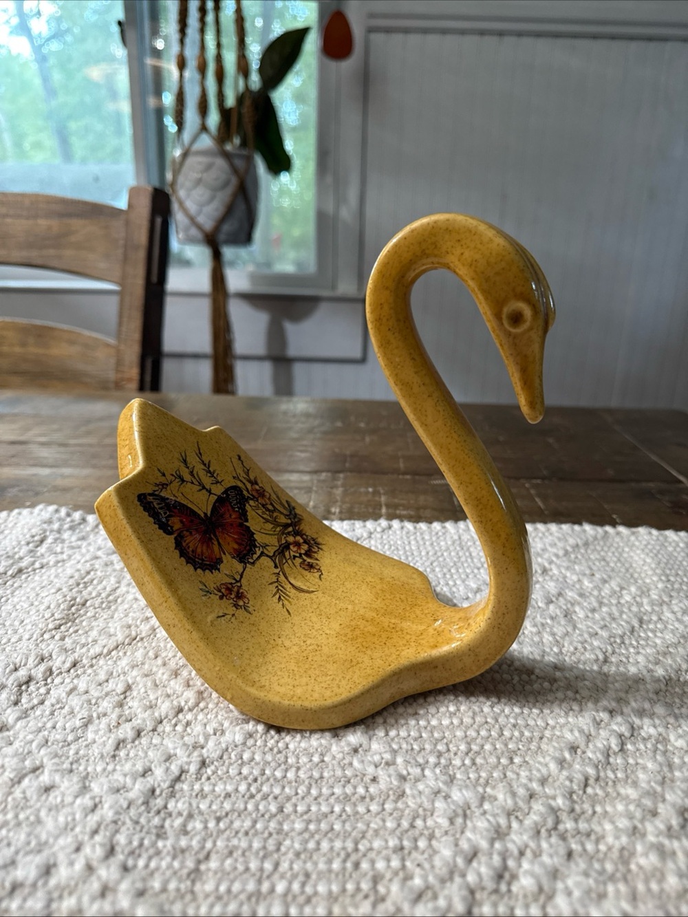 Yellow Ceramic Swan Dish with Butterfly Motif. Trinket/Towel Holder